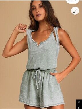 NWT Lulu's Perfect Lazy Day Sage Green Sleeveless Drawstring Lounge Romper XS